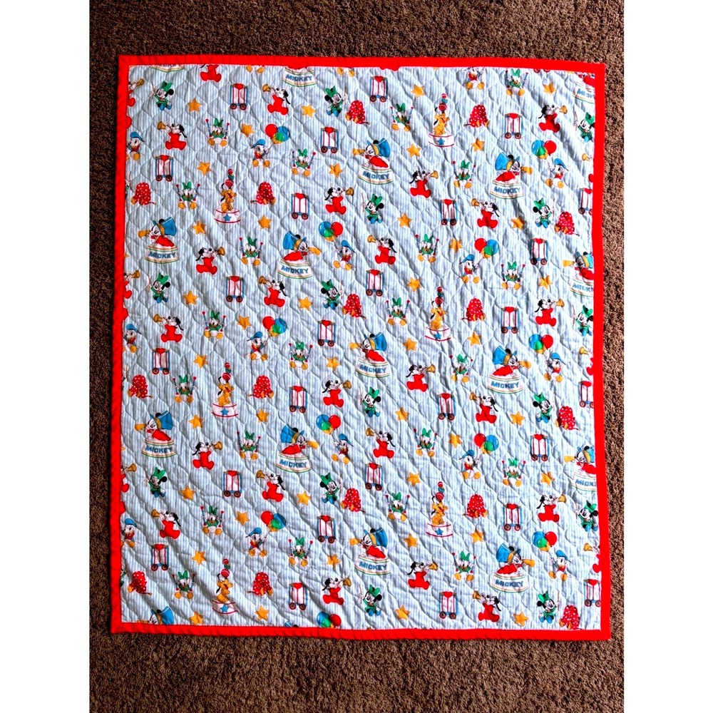 Disney Mickey Mouse Circus Quilt Blue White Striped Red Border Blanket